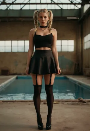 Una donna stava davanti a una piscina abbandonata, in posa per una foto con i suoi tacchi alti e choker. Ha alzato la gonna per rivelare un paio di tacchi alti e un choker, pregando per qualcuno di riempire la piscina vuota dietro di lei