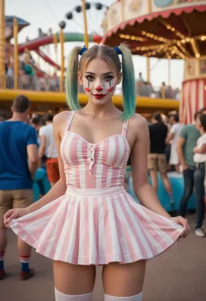 Молодая, красивая девушка в белой краске для лица и костюме клоуна стояла перед большой толпой, вызывая волнение и ожидание своей порнографической картиной