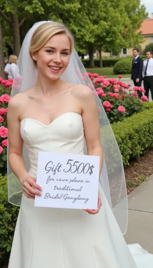 The bride stands in a rose garden, holding a big sign with the words "Gift 500$ for place in traditional Bridal Gangbang." She laughs with anticipation as she looks at the camera. The bride wears a simple white wedding dress and