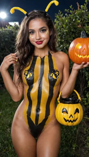 Die sexy Königin Bienen war ein zierlicher Bau mit kleinen Brüsten und einem Bumblebee Kopfstück. Sie lächelte mit einem jack o' lantern geformten Süßigkeiten Eimer, sah aus, als ob sie kurz davor war, Süßigkeiten für Trick-oder-Treater zu geben. Sie
