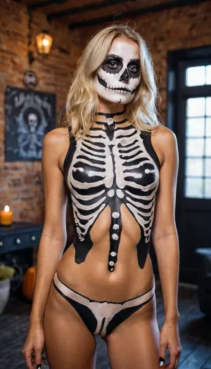 Sexy skeleton costume, gorgeous 20yo blonde instagram model with athletic build and perky boobs naked with black and white skeleton style bodypaint at a Halloween party, full body view