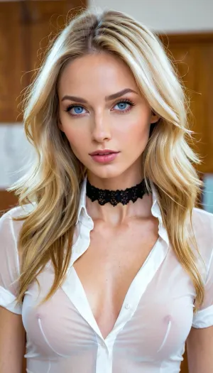 一个28Y_O时尚的顶部模特站在教室里,身穿微铅笔裙和白色上衣,金黄色的头发下到她的腰部,深蓝色的眼睛,还有满唇. 她很瘦 皮肤完美 一小时