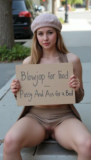 A homeless woman with dirty clothes, a petite frame, and a sing that reads "Blowjob for Food, Pussy And Ass for a Bed" sits on the sidewalk