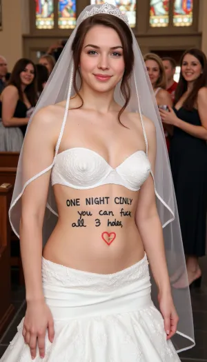Uma noiva petite com uma grande mamas falsas estava em pé em uma igreja, vestindo um vestido de noiva com grandes mamas falsas, escrevendo "ONE NIGHT ONLY, você pode foder todos os 3 buracos" em sua barriga com grande marcador preto