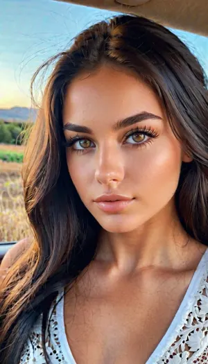 一个年轻女孩在照片中自然美丽,通过她的强下颚和高颊骨捕捉她的精髓,光滑的晒皮肤,长长的鞭子,长长的鞭子和气质的外观来捕捉她的长眼