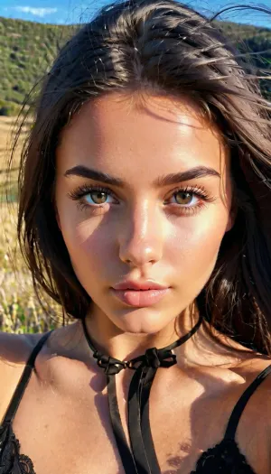 긴 검은 머리와 아름다운 눈이있는 젊은 여성은 고품질의 초상화 사진에 캡처됩니다. 사진은 풍경과 그녀의 의류의 세부 사항을 포함하여 현실적인 배경을 갖추고 있습니다. 조명이 정확하다, 잘 초원 톤을 강화