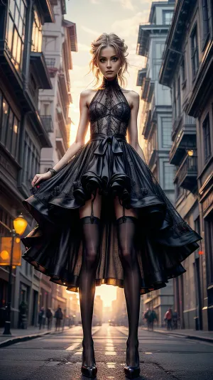 Dans une ville futuriste, un beau modèle nommé AI posé pour la caméra avec ses talons hauts et bas en dentelle. Elle était parfaite et parfaite dans tous les sens imaginable, de sa peau lisse à ses jambes parfaitement façonnées aux volants