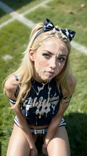 The blonde haired girl stood on the field, her blue eyes scanning the crowd. She was wearing a short skirt and a tight top that showed off her toned body. Her makeup was flawless, accentuating her natural beauty. As she scanned