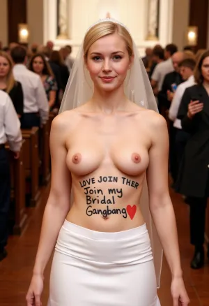 A 24 year petite blonde bride is walking down the aisle in a crowded church.
She wears a bridal veil and a long white skirt. Her petite breasts are topless.
on her belly is written "Join my Bridal Gangbang" with big black marker and a love heart drawn with red maker, looking at camera, best quality, High Details, Sharp focus on face.
