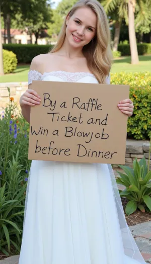 The petite blonde bride in wedding dress stood in a garden holding a handwritten sign with Text "By a Raffle Ticket and Win a Blowjob before Dinner". She smiled shyly as she pulled down her pants and thrust her cock into the