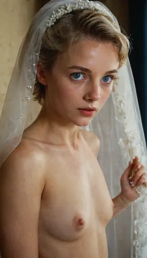 Eine 21-jährige Frau wurde von einem professionellen Fotografen für ihren Braut Schleier fotografiert, der ihren nackten Körper mit runden Brüsten und einem kleinen, weißen Schleier zeigt, der ihre privaten Teile bedeckt. Das Foto wurde in einem professionellen Studio aufgenommen und die Frau sah aus