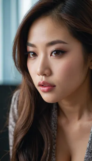 Una joven prostituta asiática con pelo largo y ojos mestizantes estaba doblada sobre su escritorio, trabajando duro para ganar su manto. Ella tenía una imagen cercana en la pared, mostrando sus labios suaves y el cuerpo rizado