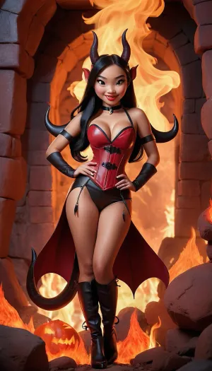 La linda chica asiática con el disfraz del diablo estaba de pie en una caverna rodeada de fuego y demonios. Tenía pelo largo recto, mala sonrisa, y llevaba un traje de demonio de cuero sexy con cuernos de corset y cola. Su foto fue tomada por una AI