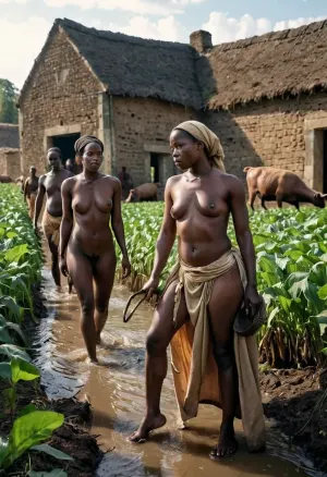 The Female Slaves is a picture depicting the daily life of female slaves in Africa, with them being collared and made to walk on all fours, crawling with gritty and muddy soil. The scene is dramatic and aims to raise awareness about the
