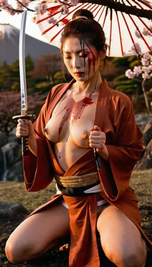 La vista corpo intero asiatico ragazza età 25, con senza bottoni in terracotta samurai kimono, vista profilo. Aveva passato attraverso il corpo dell'alba e si inginocchiava sulle ginocchia con la schiena al visore