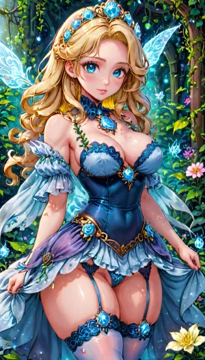 Maria, a confident 18-year-old, stood in a lush garden setting with soft light from magical plants and glowing flowers surrounding her. Her long, flowing blonde hair was tied in a high ponytail that accentuated her curves and emphasized her full