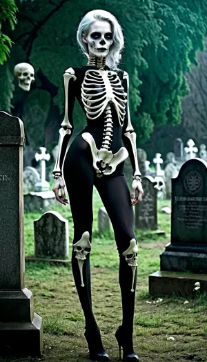 Eine 20-jährige Frau mit hohen Details und keine Hose stand vor dem Friedhof, ihr Bild von ihr stand vor dem Friedhof mit dem Vollmond hinter ihr. Sie hatte blasse Haut, smaragdgrüne helle Augen,