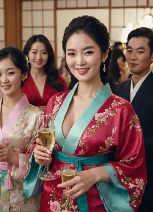 A stunning Korean woman dressed in a traditional kimono and smiling at the camera, with perfect facial features and perfect hair. She is holding glasses of champagne and has perfectly styled hair, showcasing her beauty. The background of the picture is a traditional Korean