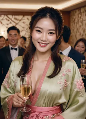 The AI generated picture shows a korean woman dressed in a kimono and cleavage holding glasses of champagne, standing in a party room full of people, smiling at the camera