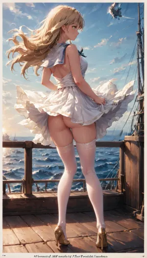 The blonde woman stood on the deck of the ship, her long hair blowing in the wind. She wore a sailor's uniform, complete with stockings and heels. Her skirt lifted up by the wind, revealing her long legs and smooth thighs