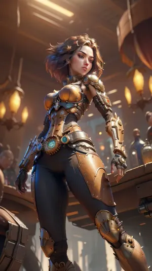 In a cyberpunk world, a woman with the best quality AI is captured in a beautiful masterpiece. Her beautiful face and perfect lighting give her an extra edge, while her mechanical arms and clothing give her an extra edge. The shot is foreshortened