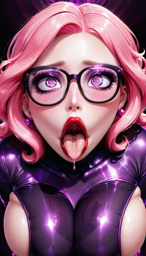Die Frau mit den lila Augenschatten und rosa Haare war ein Bimbo, aber sie hatte ein Geheimnis. Sie liebte Pornos und drool über heiße Frauen mit plump Lippen zu sehen. Sie hatte einen ahegao Ausdruck in ihrem Gesicht als