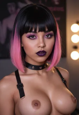 若い, 美しい ゴス ガール と 大きい 偽 意地の breasts squeezes 彼女の tits で ザ· ロッカー スタイル 同時に 彼女の lips と squeezing 彼女の nipples. 細い顔と小さめの鼻で、唇と小さな目がいっぱい