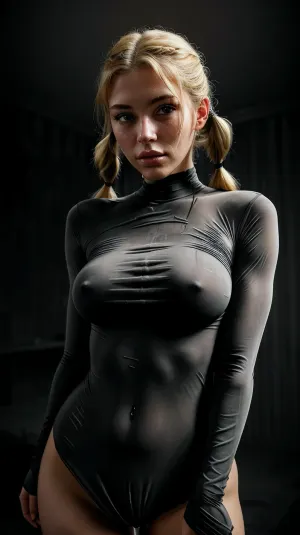 The AI generated porn picture showed a beautiful blonde woman with twintails, wearing a lewddungeon outfit. She was standing in front of a dark wall with spare light. Her tits were jiggling as she moved her hands up and
