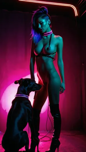 Das blonde behaarte Mädchen mit Punk Haar, trägt ein hautdichtes rotes Kleid und hohen Ponytail, stellt verführerisch vor der Kamera. Sie hat einen raffinierten, aber edgy Stil, der sie aus der Menge hervorhebt. Ihr Grün