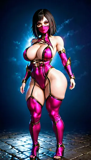 Mileena de Mortal Kombat era una mujer sexy con culo grande, muslos gruesos y pechos grandes. Llevaba traje moderno para la cámara, expresión seductora en su cara, y vista corporal completa para los espectadores para disfrutar