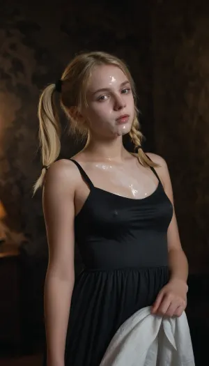 Una hermosa rubia de 18 años de edad, mujer con gemelos y vestido negro y bragas estaba de pie en un cuarto oscuro, cubierto de esperma. Las paredes eran oscuras, pero la luz de repuesto proporcionada por el fondo de la niebla hizo que todo girara