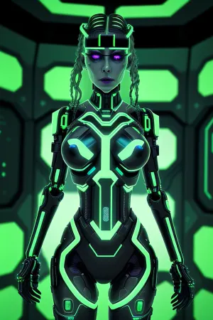 La regina Borg si trovava nella camera illuminata, i suoi impianti metallici e le luci verdeggianti gettano un'aura minacciosa. Il suo aspetto era una miscela di caratteristiche umane e cibernetiche, con macchinari intricati e abiti fluenti che scorrevano attraverso il suo corpo. Lei