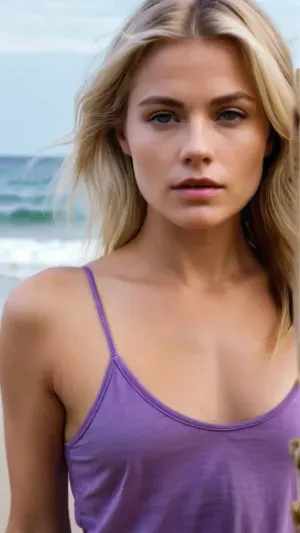 Die blonde Frau stand am Strand, ihr lila Hemd bläst im Wind. Sie hatte ein Bild von sich mit einem schönen Gesicht und feinen Details. Ihre kleinen Titten waren durch ihr Hemd sichtbar, und sie sah glücklich und zufrieden