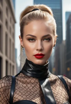 Uno splendido ritratto di moda con uno splendido modello di moda BDSM dominatrice casualmente passeggiando i marciapiedi di New York sotto i grattacieli di vetro gleaming e la luce solare naturale luminosa. La giovane donna è fiduciosa e spietata, la sua testa si inclina leggermente mentre dà una