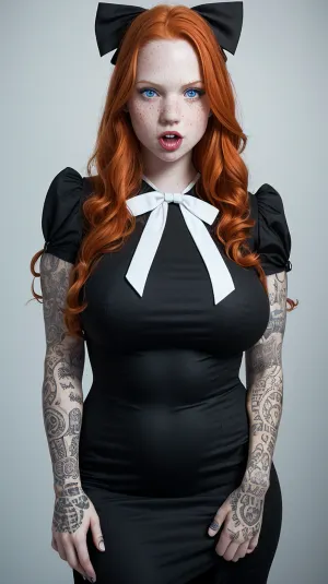 A stunning woman with freckles, long hair, and a white bow dress with black stockings and red heels is captured in an AI-generated picture. Her blue eyes sparkle as she smiles at the camera