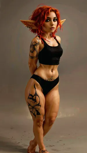 Девушка-гоблин с бледно-зеленой кожей и огненно-оранжевыми волосами сидела на освещенном солнцем пляже, голая и покрытая татуировками. У нее были большие груди, густые и грязные кудрявые волосы, темно-красная помада на губах