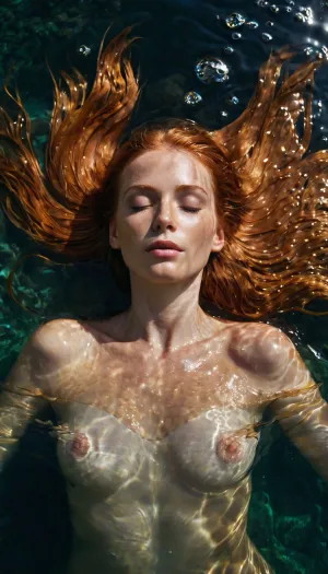 A stunning woman with long ginger hair is lying in a river of clear water, with closed eyes, full body view. She has high quality skin texture and accurate eyes. The photorealistic AI generated picture is 8k resolution and full body view