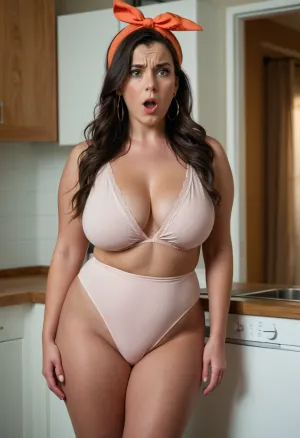 A professional portrait photo of a woman in an open robe, revealing her full body view and soft skin with a milky complexion. She leans forward and shows off her full breasts, showing surprise at the camera's flash. Her hair is styled