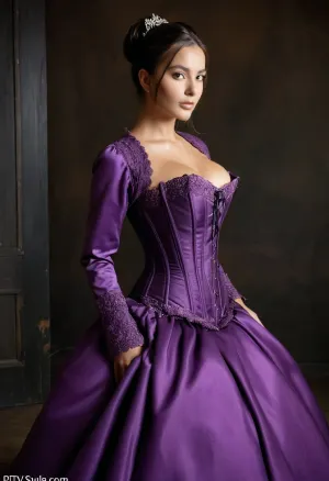 Eine Frau in einem lila Ballkleid, mit einem Korsett, geschlossenen Mieder und langen Ärmeln und einem geschlossenen Hals. Sie steht vor einem Spiegel, passt ihre Haare und Make-up. Das Zimmer ist beleuchtet mit weicher Beleuchtung, die Highlights