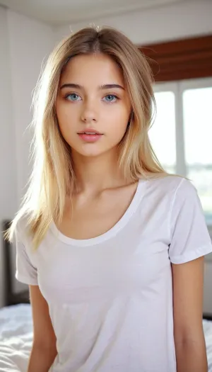 Una giovane ragazza, di 18 anni, con rossetto rosso brillante e abs tonica, indossa una camicia che rivela il suo stomaco piatto e abs tonica