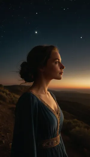 Una joven camina por la noche, su belleza iluminada por el cielo estrellado y su corazón como un oscuro orbe sin nubes