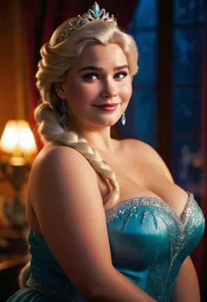 Эльза из Frozen, известная своей пышной фигурой и потрясающей красотой, занимает центральное место на этой потрясающей фотографии, когда она соблазнительно позирует знойным взглядом и игривой улыбкой