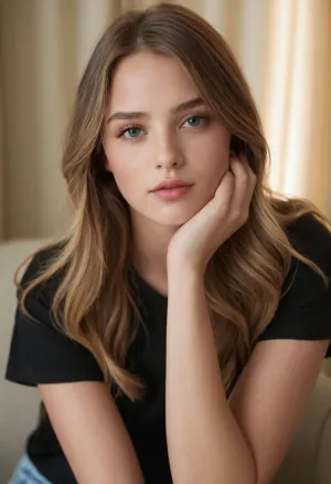 The young woman in the picture is wearing a long, slightly wavy light brown hair with blonde highlights. She's sitting, leaning slightly forward, one hand casually touching her hair and shoulder blades. Her face is gentle and clear with soft makeup and relaxed