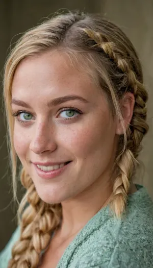 乔迪·泰勒(Jodi Taylor),20岁,身材矮小,脸色漂亮,在镜头前俯视着她的肩膀. 她长着绿眼睛 金发绑在辫子上 乔迪笑得像她一样