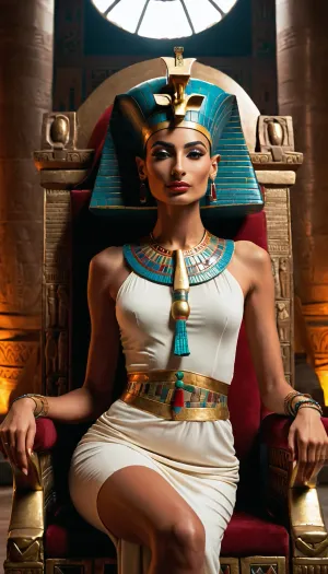 Nefertititi, 28 yaşındaki bir kadın uzun karanlık saçlar, parlak yeşil gözler ve başında bir Mısırlı taç giyen ince bir rakam, bacakların yayılması ve kanatlarının yayılmasıyla tahtın önünde duruyor. Onun kanatları yapılır