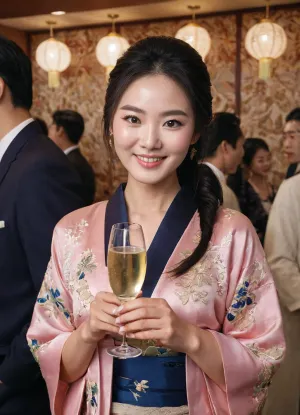 A korean woman dressed in a traditional kimono and holding glasses of champagne stands in a party room full of people, all dressed up in traditional Korean clothing. Her eyes are perfectly outlined with eyeliner, and she has full lips that look like they