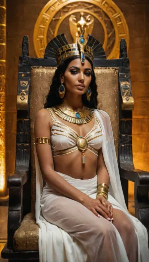 Front view Hyperrealitc photograph of a beautiful Egyptian queen sitting on a throne, slim waist, sheer see through white robes, Egyptian jewelry, Egyptian style makeup with gold facepaint, male slaves in background