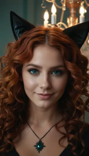 La giovane donna nella foto era vestita con un vestito da orecchie da gatto, completo di pelliccia realistica e fruste. Il suo trucco era sottile ma efficace, con eyeliner drammatico e un colore di labbro rosa morbido. Indossava un vestito verde teal che