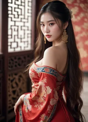 20岁中华小妾的迷惑双眼迷恋,她柔软的嘴唇乞求亲吻. 她的脱肩礼服 完美地拥抱着她的曲线 她的长发在她下面