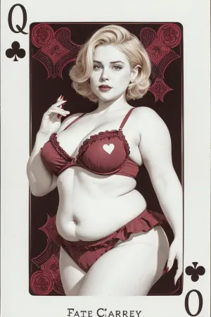 The queen of hearts is the queen of clubs, dressed in a vintage bathing suit with a cute skirt and ruffled accents. She's looking over her shoulder and winking, emphasizing her picture-perfect figure. Her hair is styled in